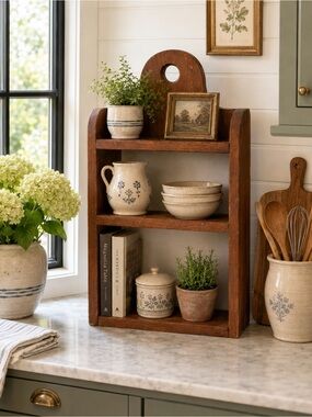 Vintage Brown Wooden Wall Shelf | Rustic Farmhouse Country Cottage Decor